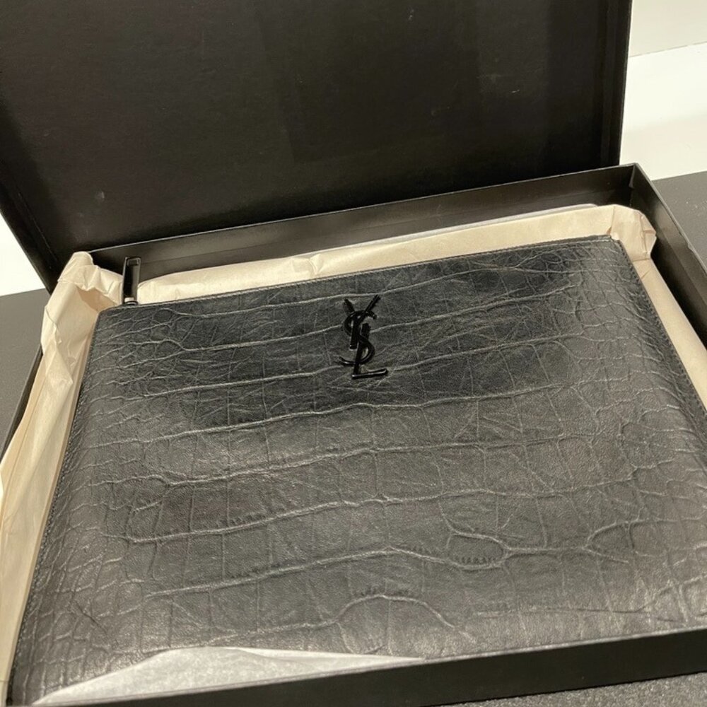 Saint Laurent Cassandre Black Croc Embossed Zip Pouch (JB1116)
